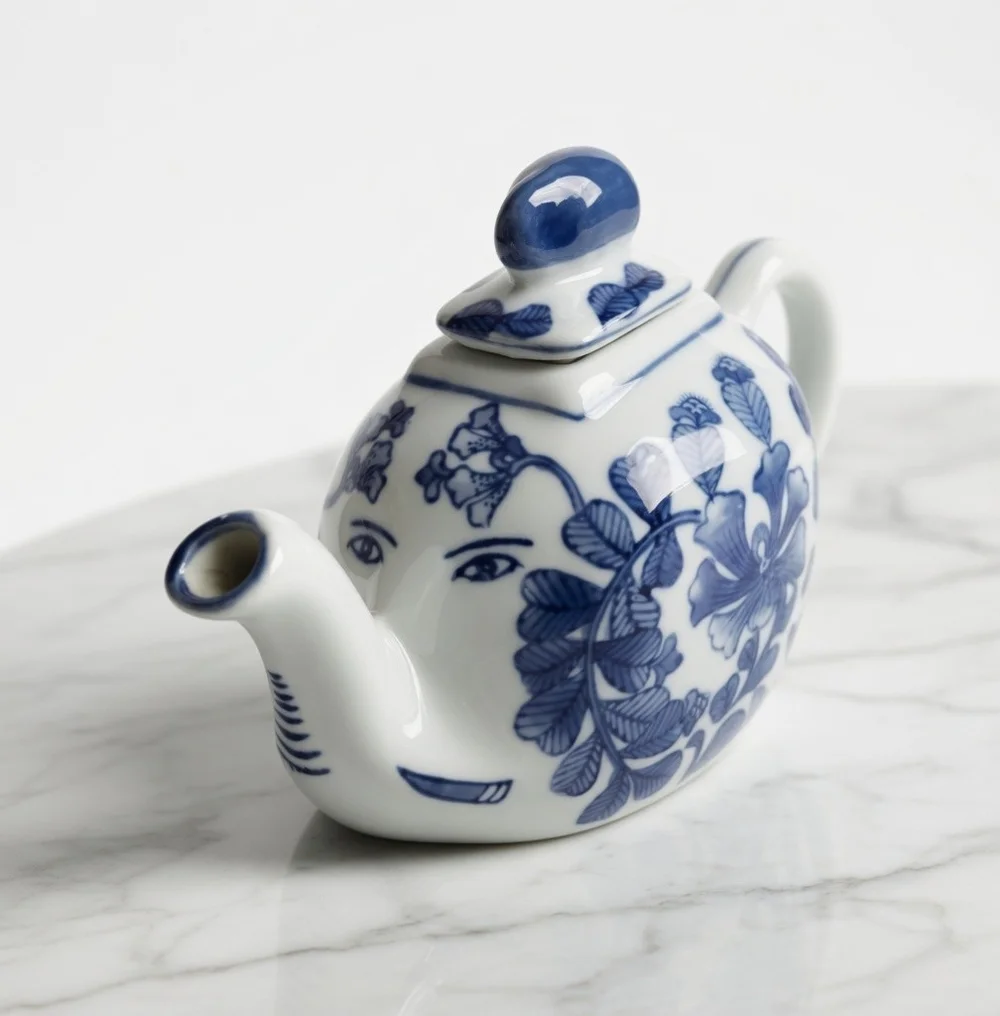 Vintage Blue White Porcelain Elephant Teapot Floral Face Detail Chinese Mark 8x6
